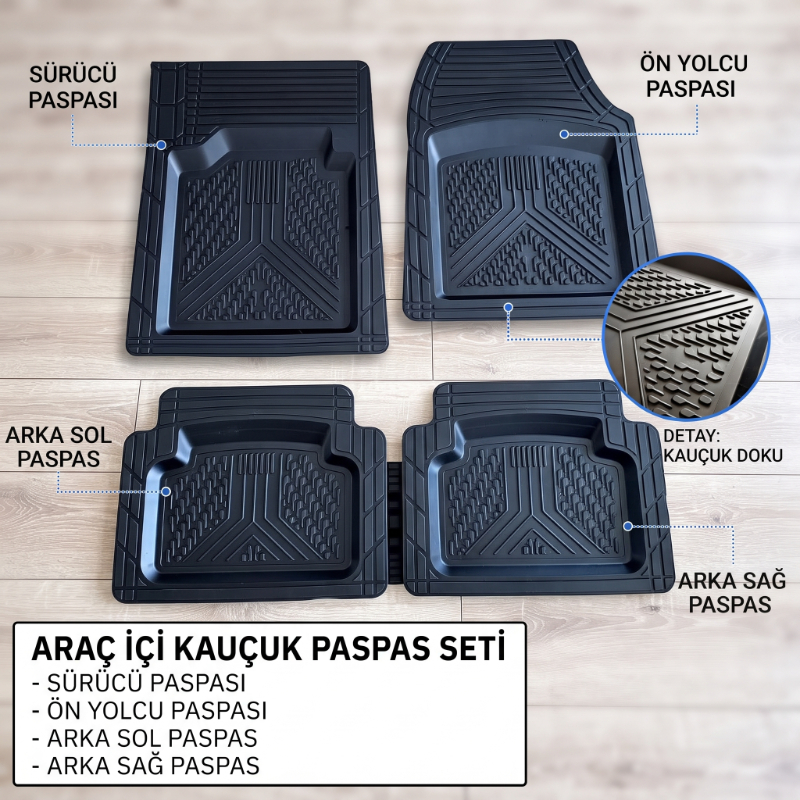 Araç İçi Paspas Seti - 4'lü Set - Karışık Desenler - Kauçuk - Kaymaz Yüzey - görsel 4